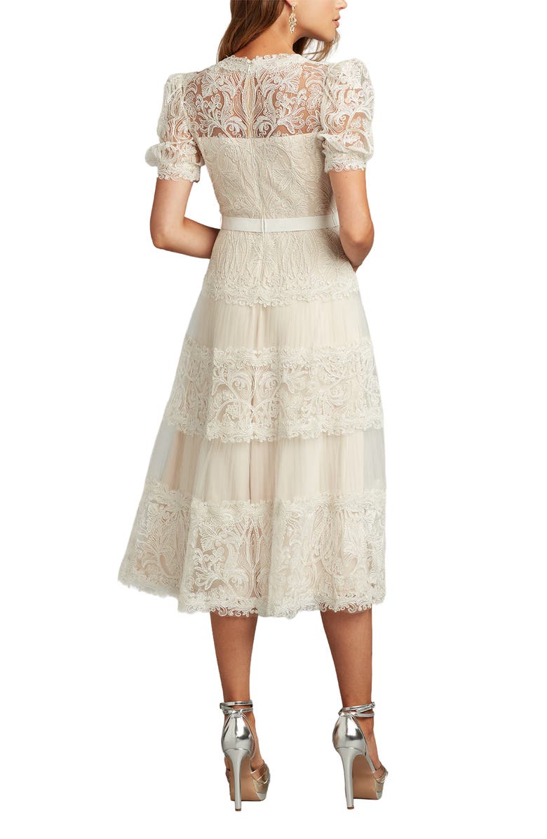 Tadashi Shoji Embroidered Lace Tiered Midi Dress, Alternate, color, White/ Petal