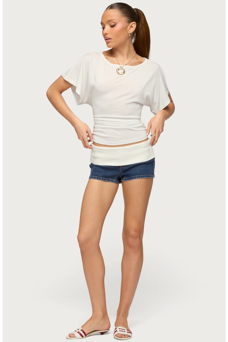 Foldover Knit Waist Denim Micro Shorts, Alternate, color, DARK-BLUE