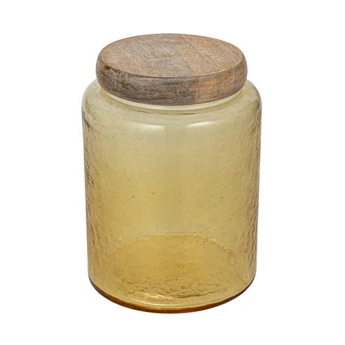 Storied Home Large Hammered Glass Jar With Mango Wood Lid In Yellow