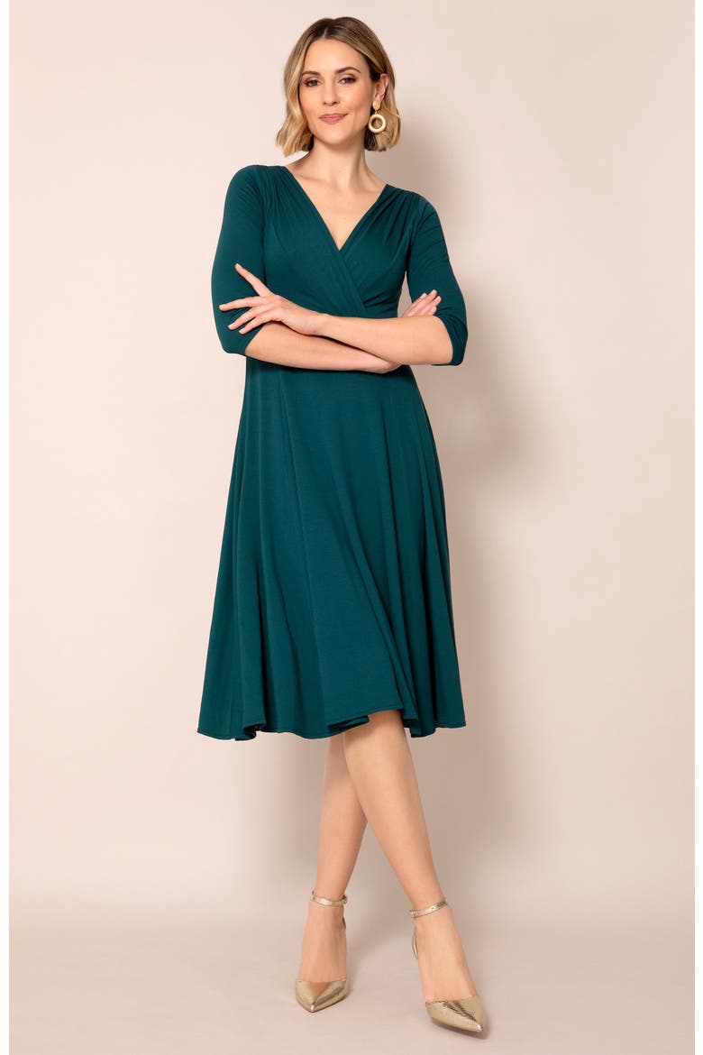 Annie V-Neck 3/4 Sleeve Midi Dress, Alternate, color, Pine Green
