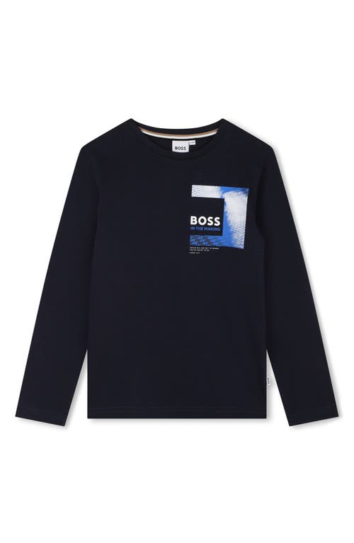 BOSS Kidswear Kids' Long Sleeve Logo Cotton Graphic T-Shirt in Navy 