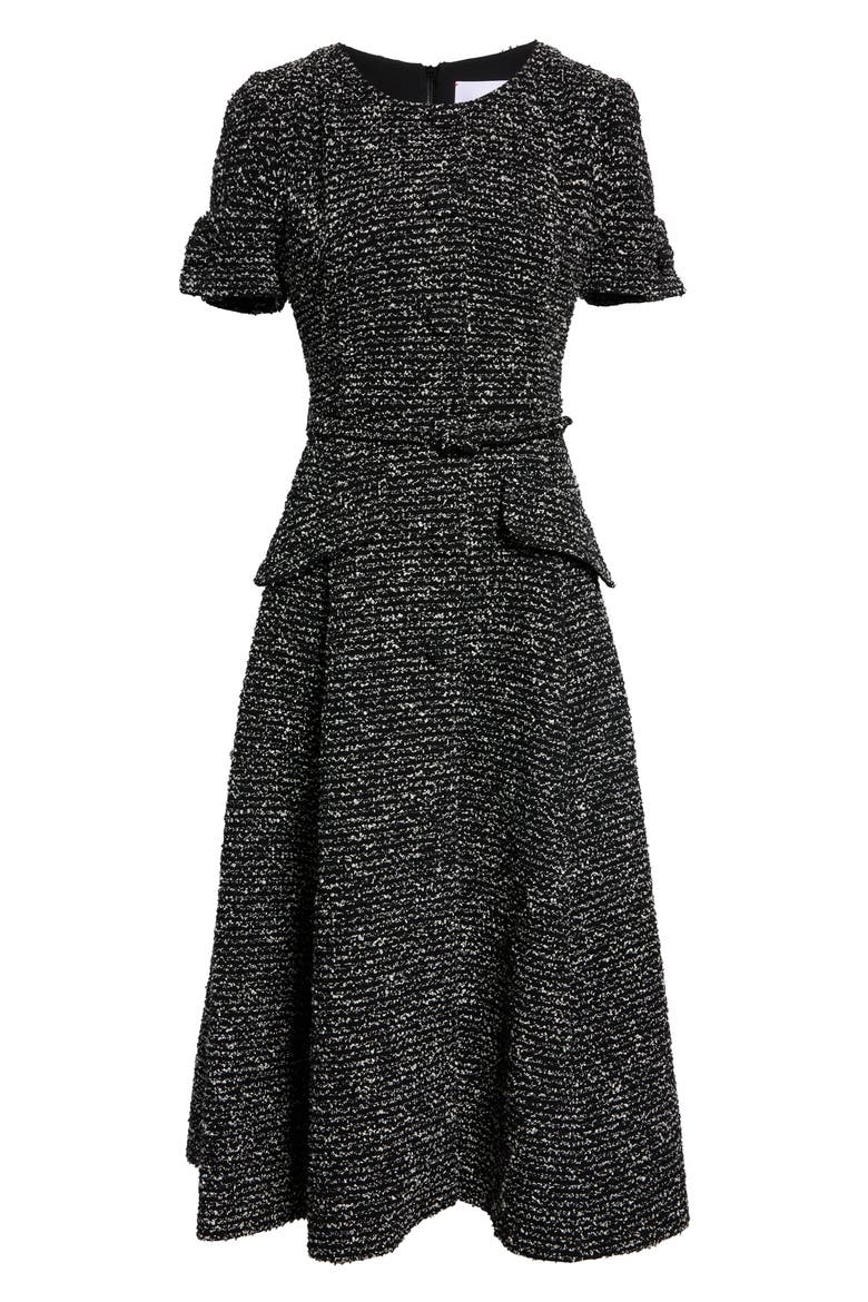 Short Sleeve Tweed Midi Dress with Belt, Alternate, color, BLACK/ WHITE