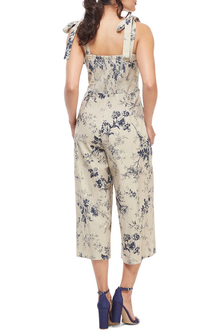 Magnolia Smocked Back Linen Blend Jumpsuit, Alternate, color, BURLAP/ REGAL BLUE