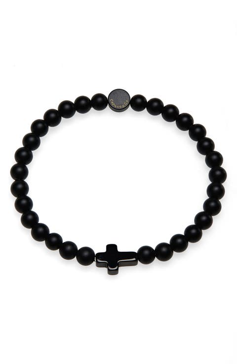Men's Onyx Cross Bead Stretch Bracelet