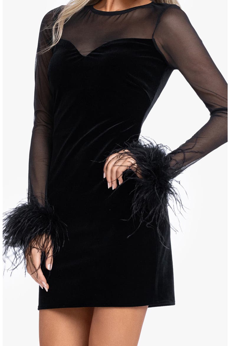 Feather Detail Long Sleeve Illusion Lace & Velvet Cocktail Minidress, Alternate, color, BLACK