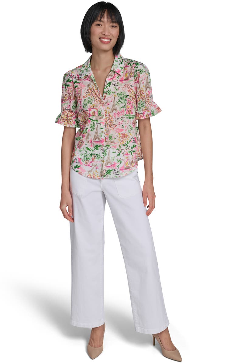 KARL LAGERFELD PARIS Print Puff Sleeve Shirt, Alternate, color, Soft White/ Pink Carnation