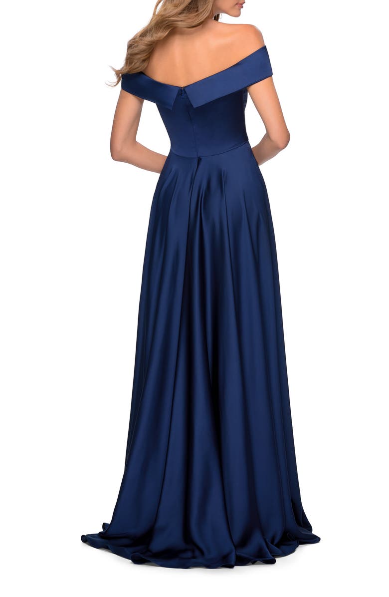 La Femme Satin Off the Shoulder Evening Dress with Pockets, Alternate, color, Navy