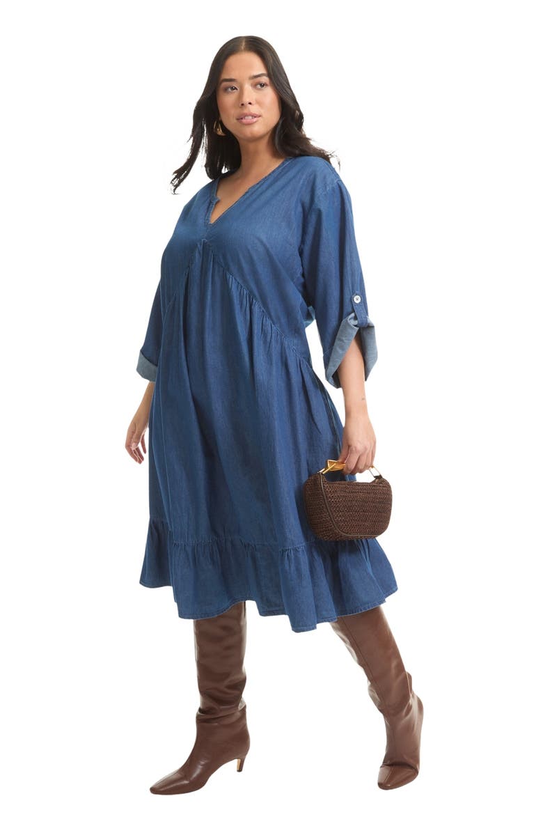 June + Vie Ruffled Denim Dress, Main, color, Dark Rinse