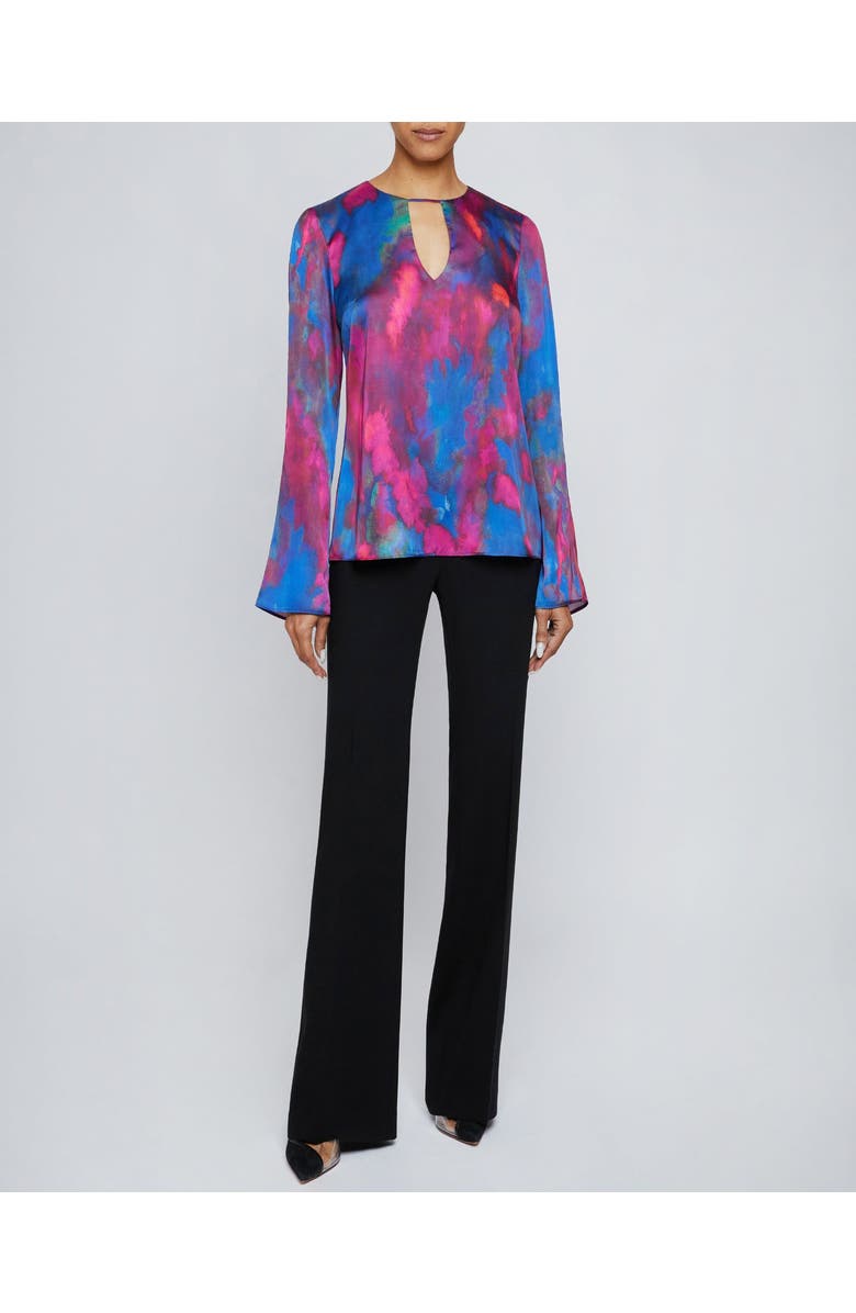 Santorelli NOA Long Sleeve Keyhole Blouse in Abstract Printed Charmeuse, Alternate, color, Magenta Multi