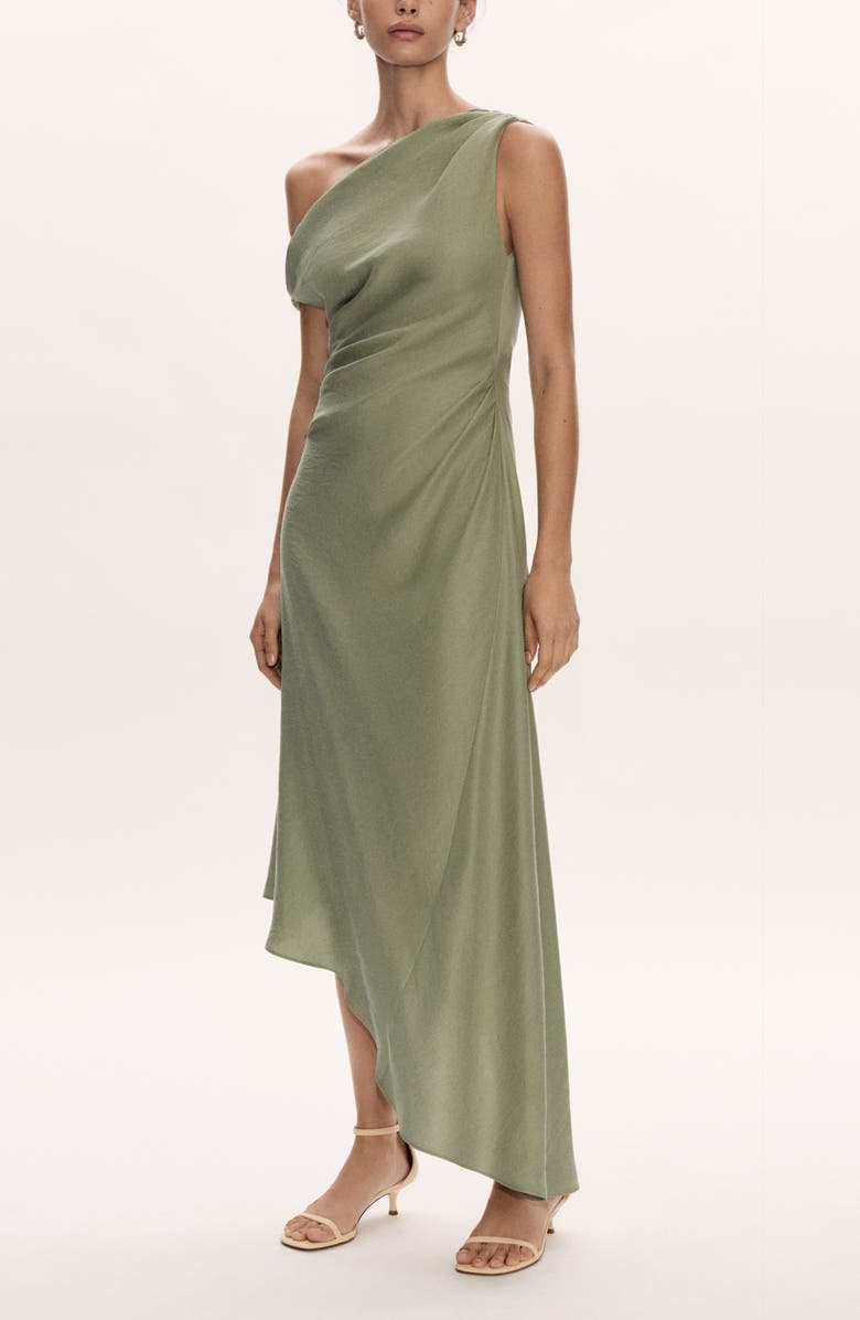 MANGO Ruched Asymmetric Hem One-Shoulder Dress, Alternate, color, Medium Green
