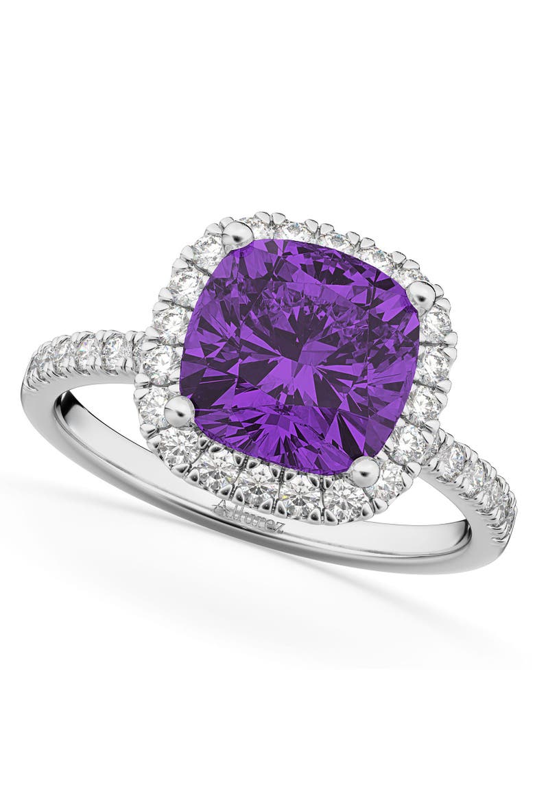 Cushion Cut Halo Amethyst & Diamond Engagement Ring 14k White Gold, Main, color, 3.11ct/White Gold