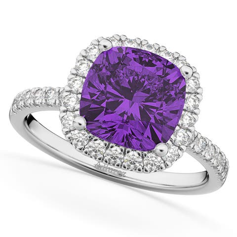Cushion Cut Halo Amethyst & Diamond Engagement Ring 14k White Gold