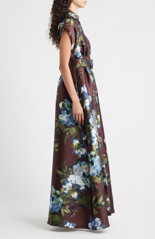 Julia Jordan Floral Print Belted Satin Gown In Burgundy