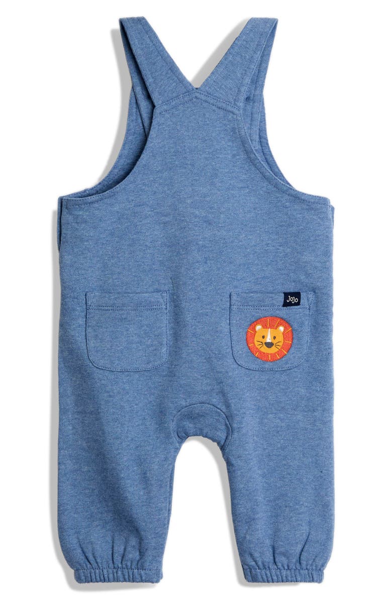JOJO MAMAN BEBE Stripe Long Sleeve T-Shirt & Safari Truck Appliqué Overalls Set, Alternate, color, Denim
