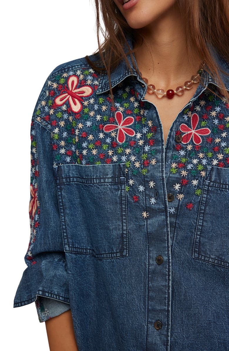 Free People Rainbow Embroidered Denim Shirt, Alternate, color, Rinse Wash