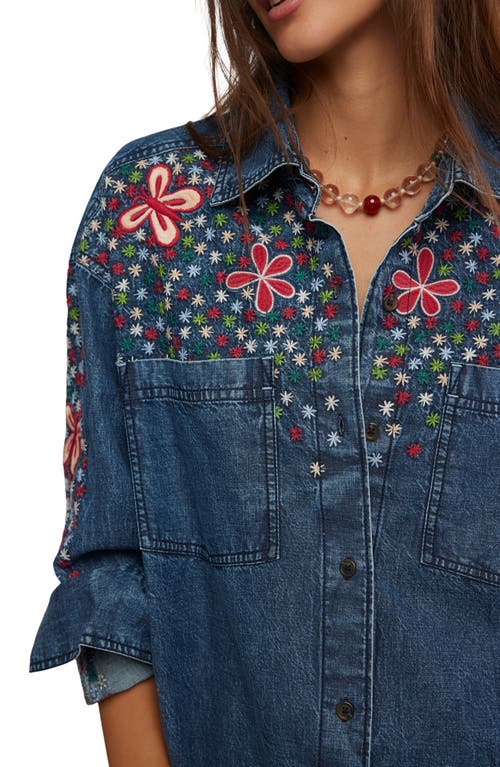 Free People Rainbow Embroidered Denim Shirt In Blue