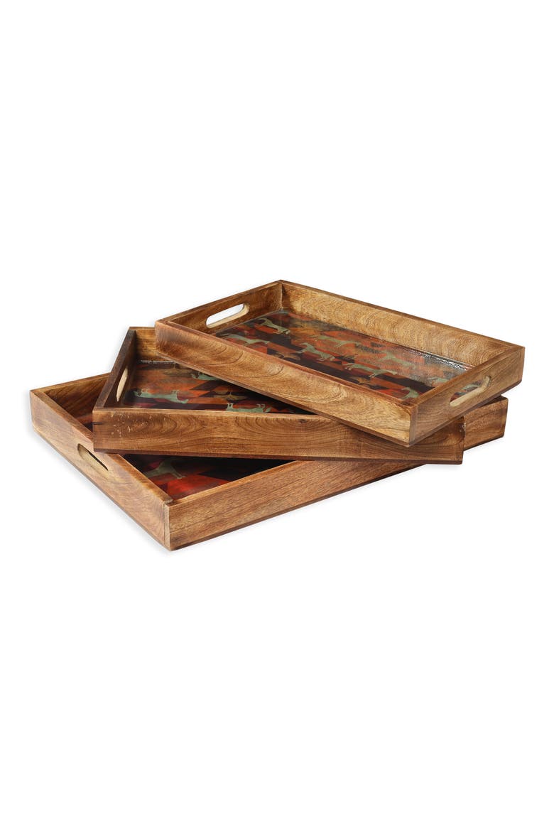 Horse Print 3-Piece Wooden Tray Set, Alternate, color, RED/ GOLD