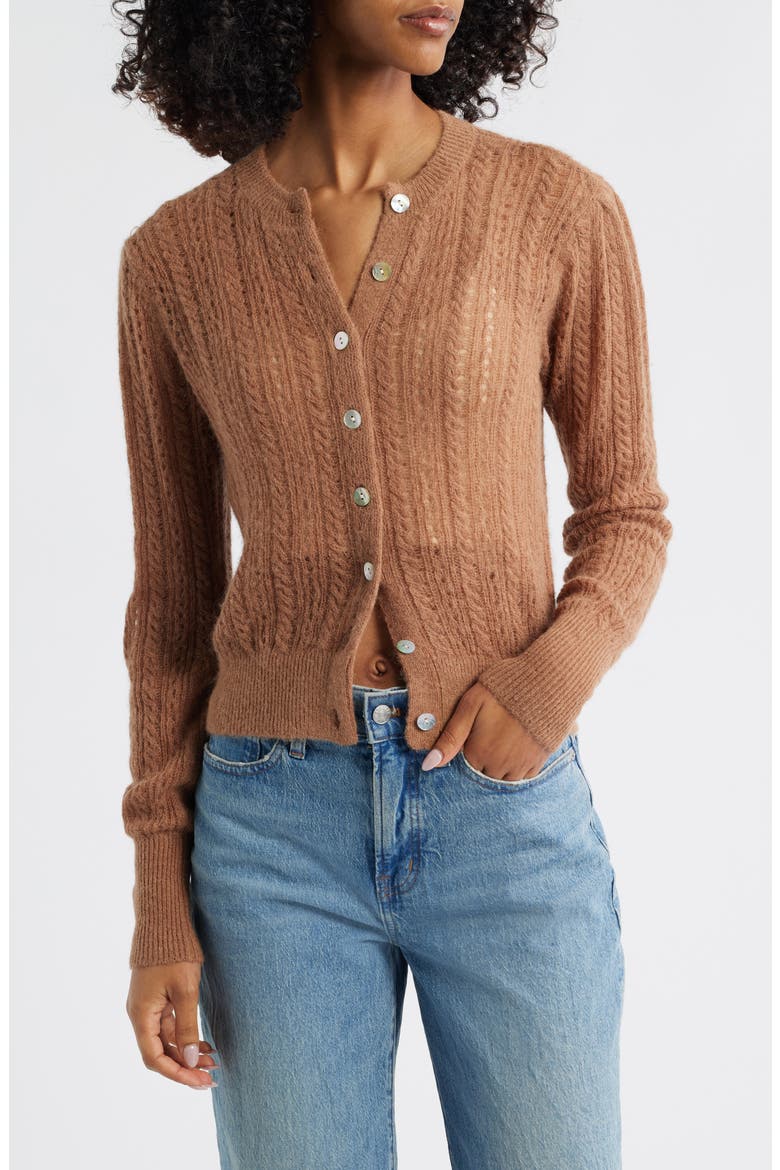 Pointelle Stitch Alpaca Blend Cardigan, Main, color, COFFEE