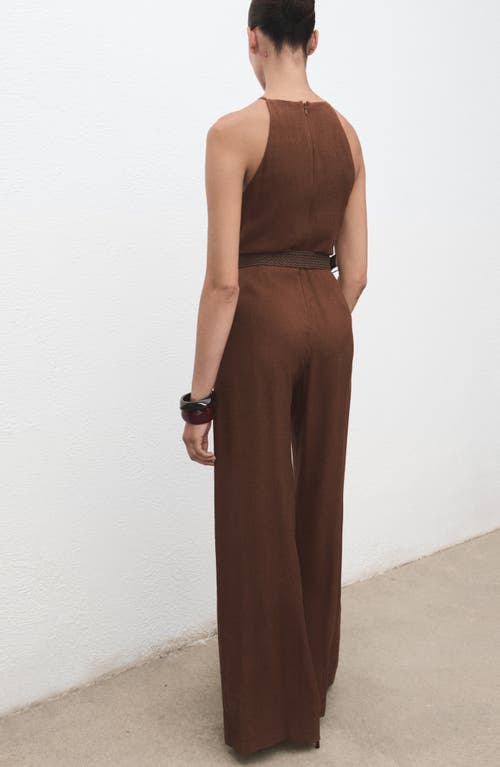 Mango Texture Sleeveless Wide Leg Jumpsuit In Brown