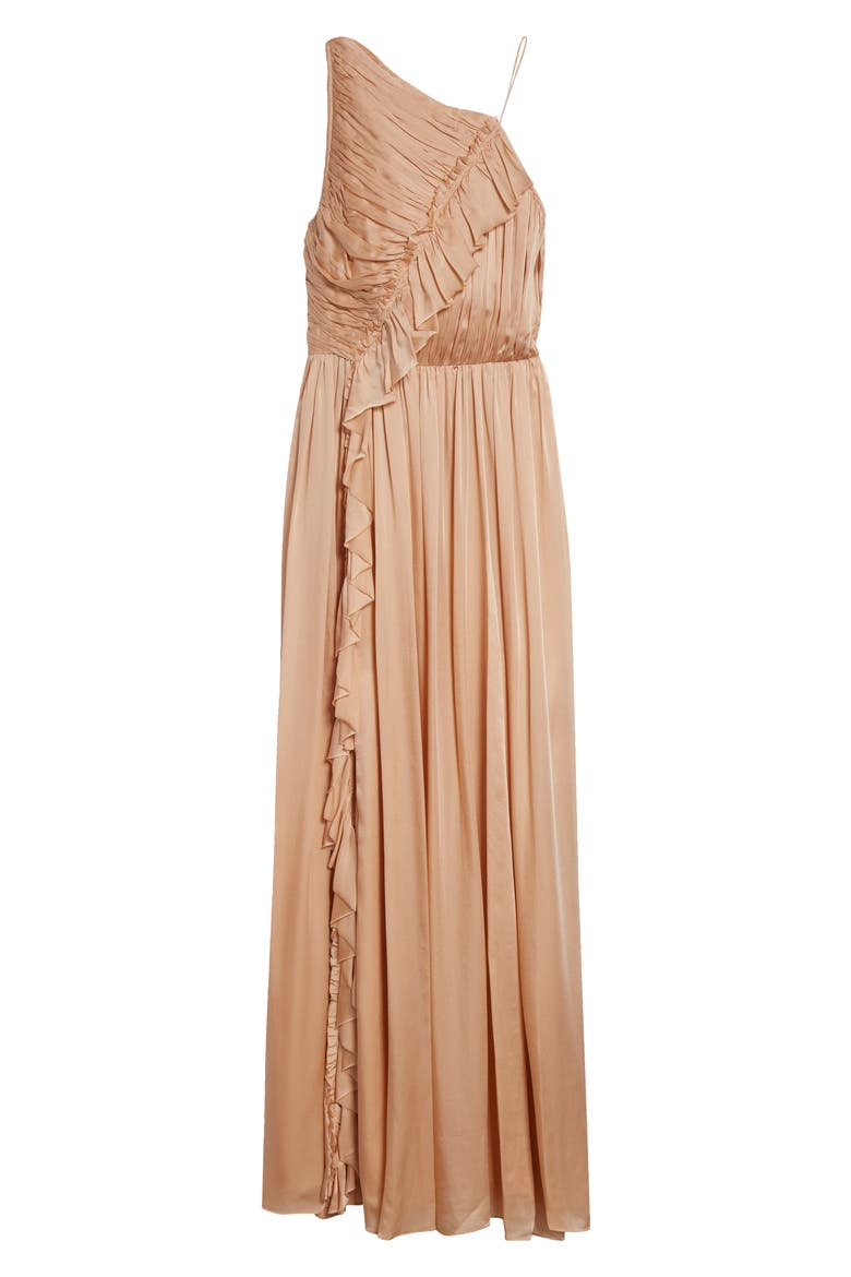 Aisha One Shoulder Pleated Asymmetrical Maxi Dress, Alternate, color, SAND