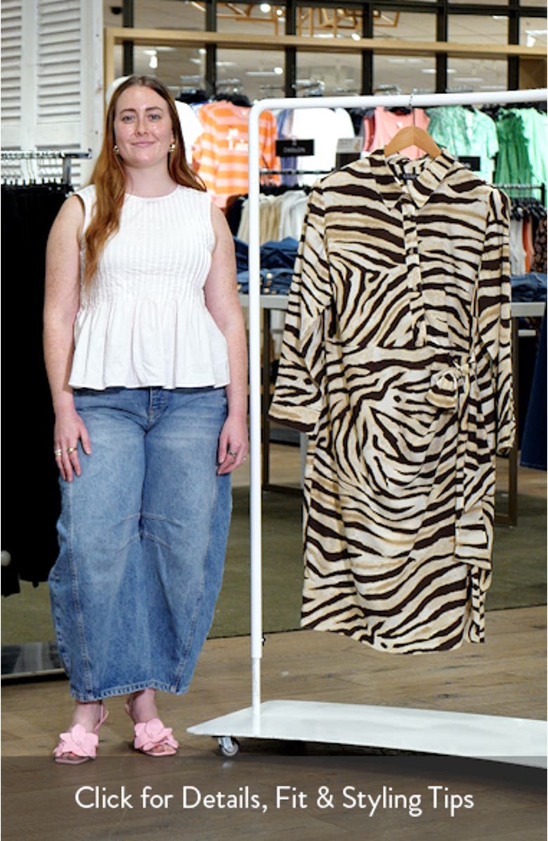 Zebra Print Tie Waist Long Sleeve Crepe Shirtdress, sales video thumbnail