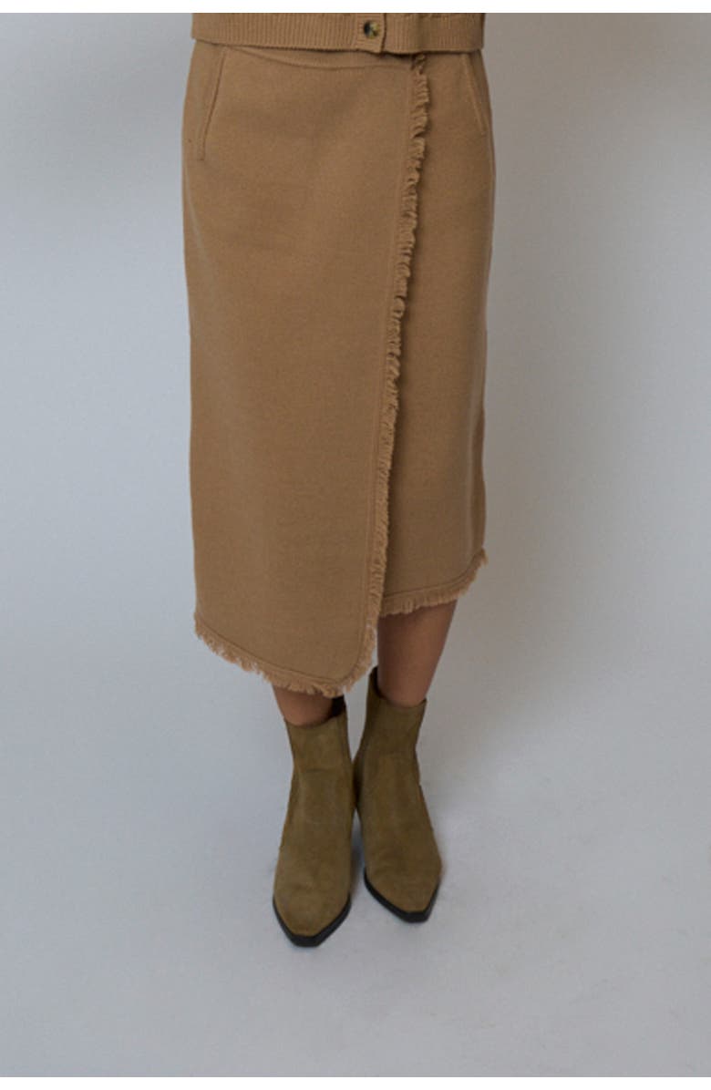 Central Park West Elyse Fringe Assymetrical Midi Skirt, Main, color, Camel