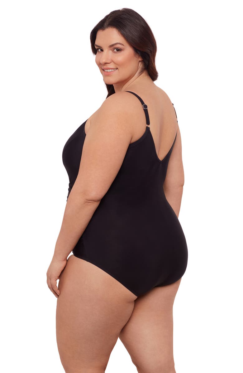 Aqua Green Plus Size Princess Seam V-Neck Side Shirred Adjustable One-Piece Swimsuit, Alternate, color, Black