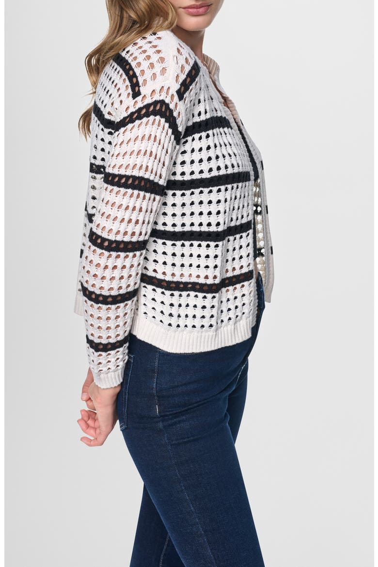 Striped Openwork Cardigan, Alternate, color, EGGNOG/ BLACK