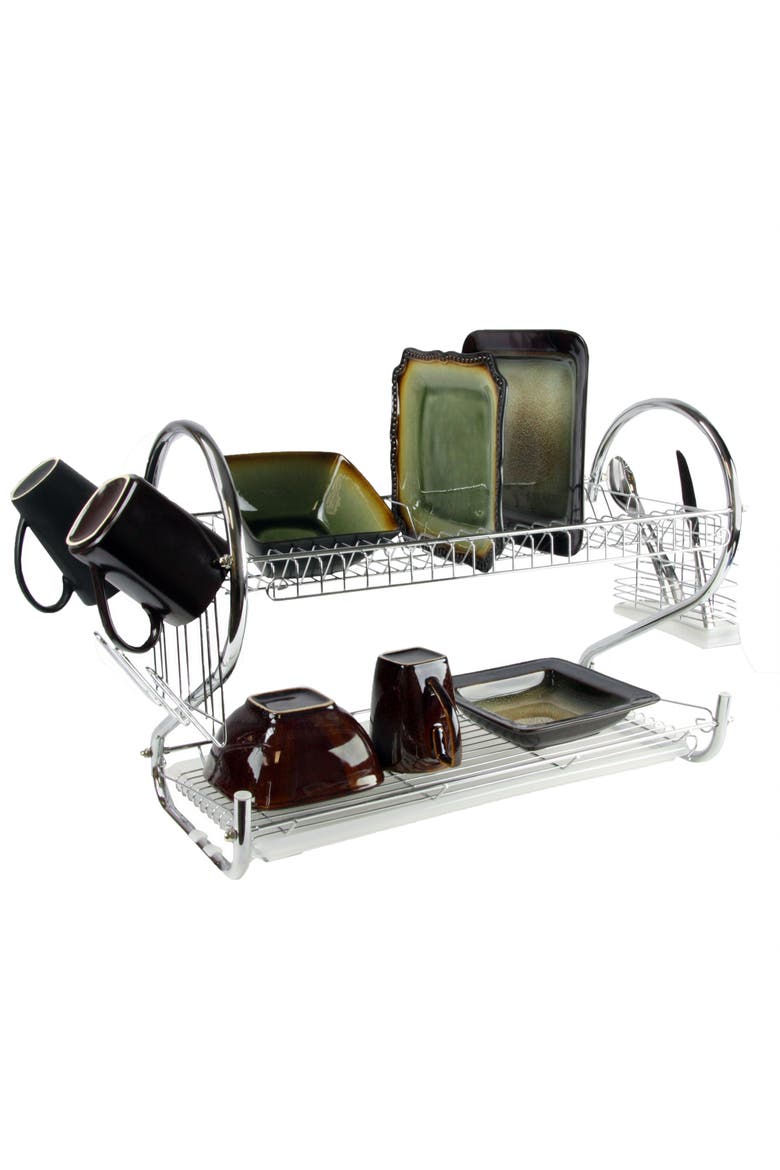 22-Inch Dish Rack with Mug Stand and Cutlery Holder, Alternate, color, Silver