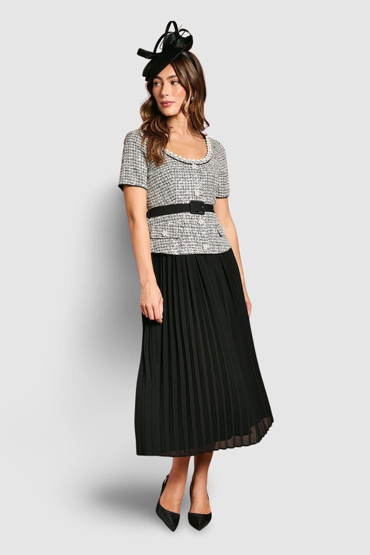 Coast Tweed Bodice Pleated Skirt Dress In Black