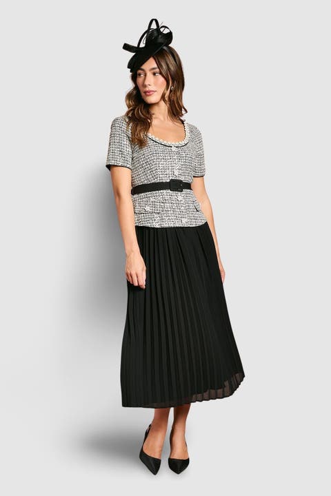 Tweed Bodice Pleated Skirt Dress