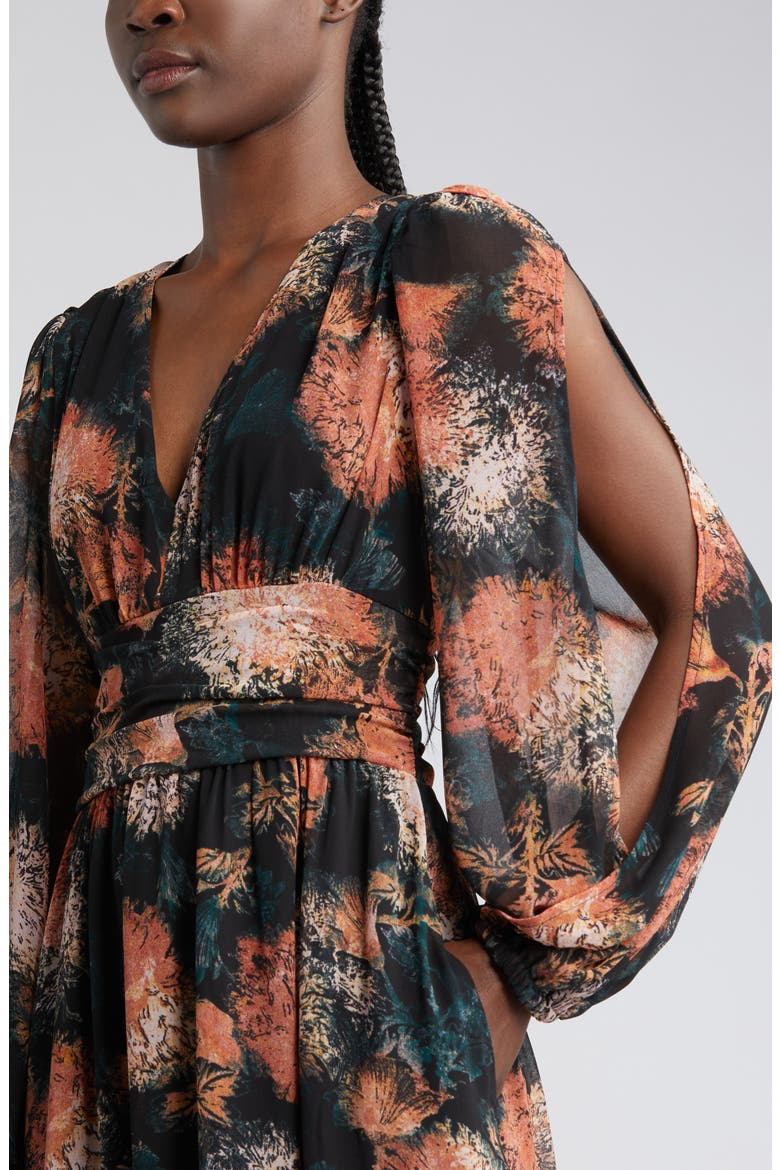 Split Long Sleeve Tiered Dress, Alternate, color, BLACK- RED WILLOW DRIFT