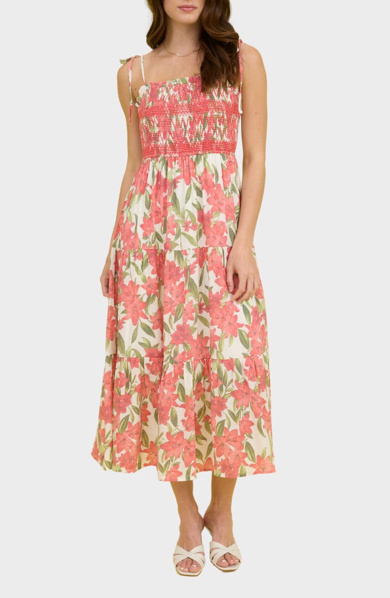 Blu Pepper Smocked Midi Dress, Main, color, Red Multi