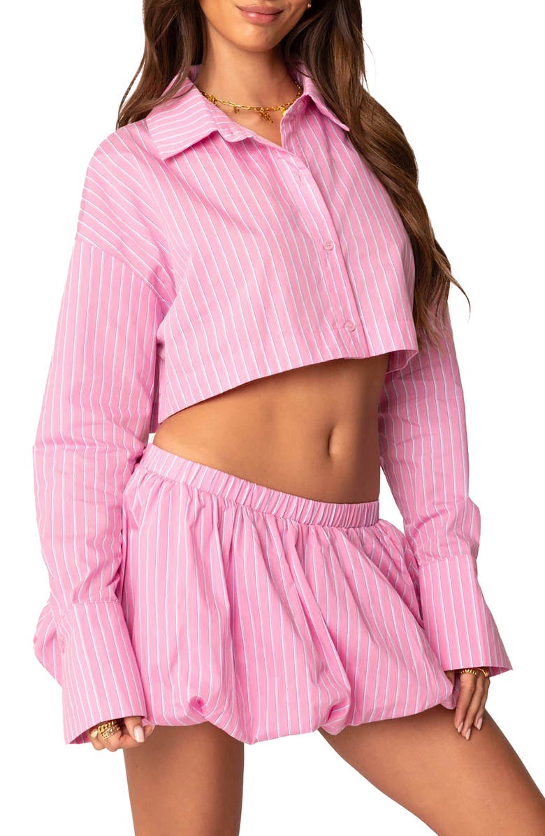 EDIKTED Hila Pinstripe Crop Cotton Blend Button-Up Shirt, Alternate, color, 