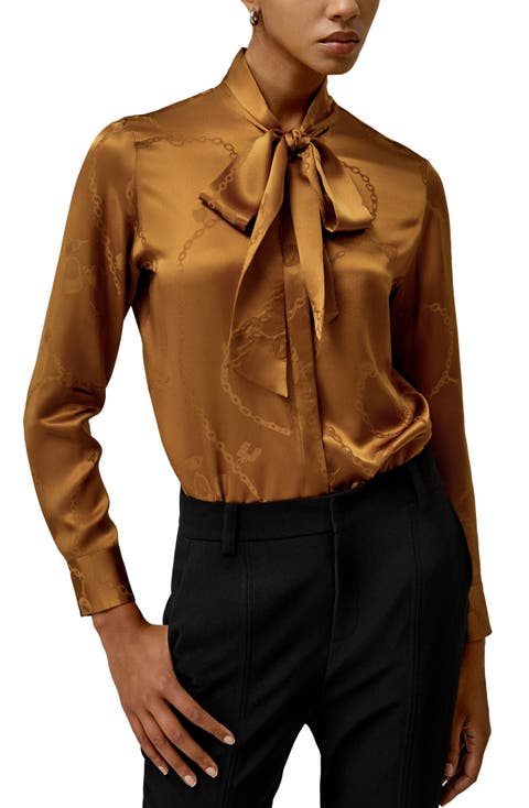 Jacquard-wave Silk Blouse with Bow for Women