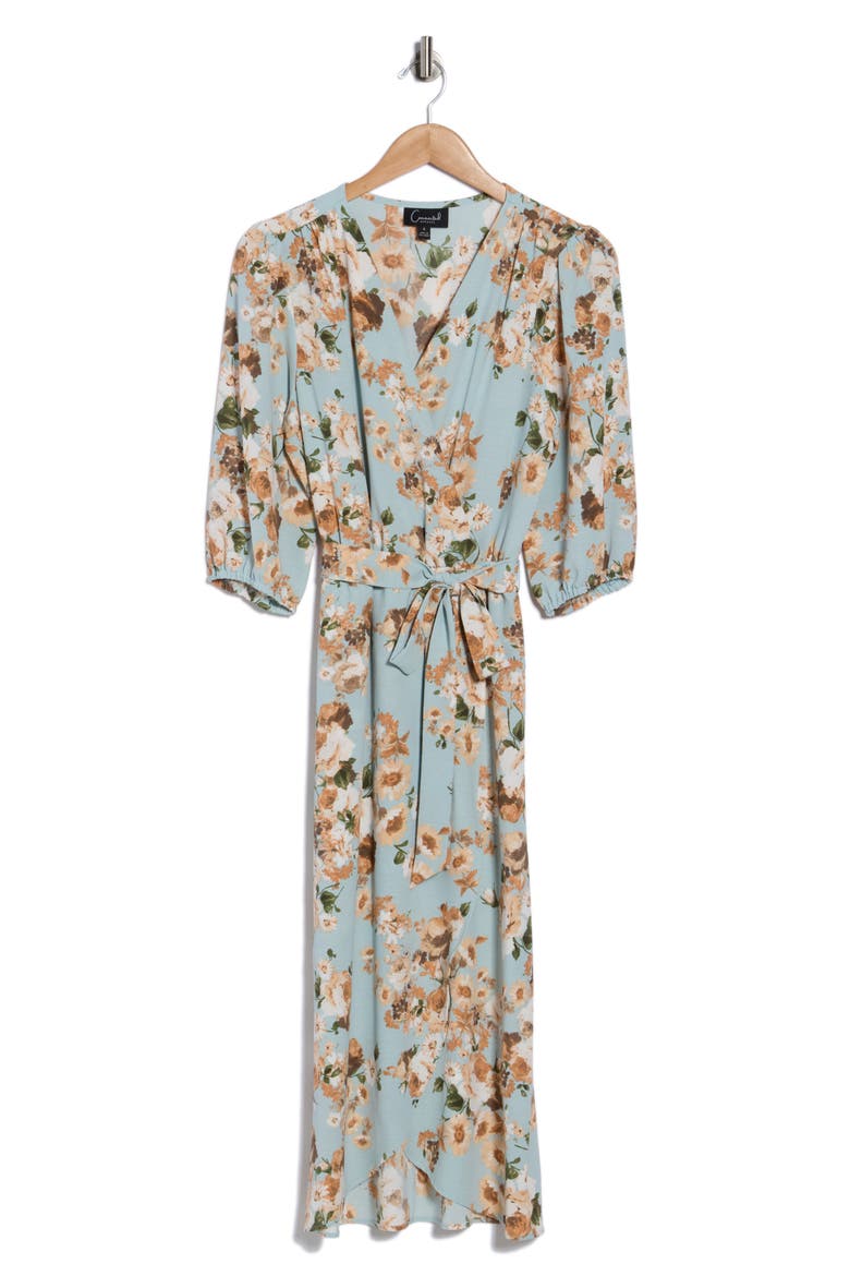 Floral Faux Wrap Midi Dress, Alternate, color, DUSTY AQUA