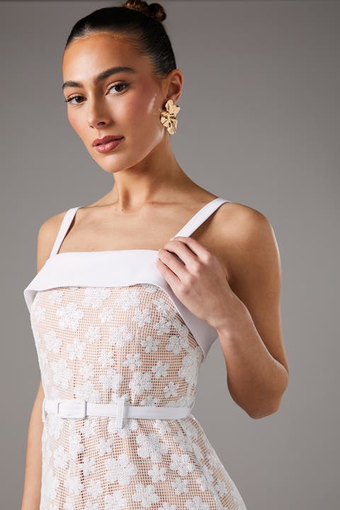 Mesh Sequin Belted Midi Dress
