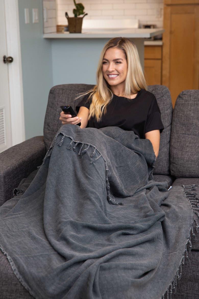 Stonewashed Organic Small Turkish Throw Blanket, Alternate, color, Faded Black