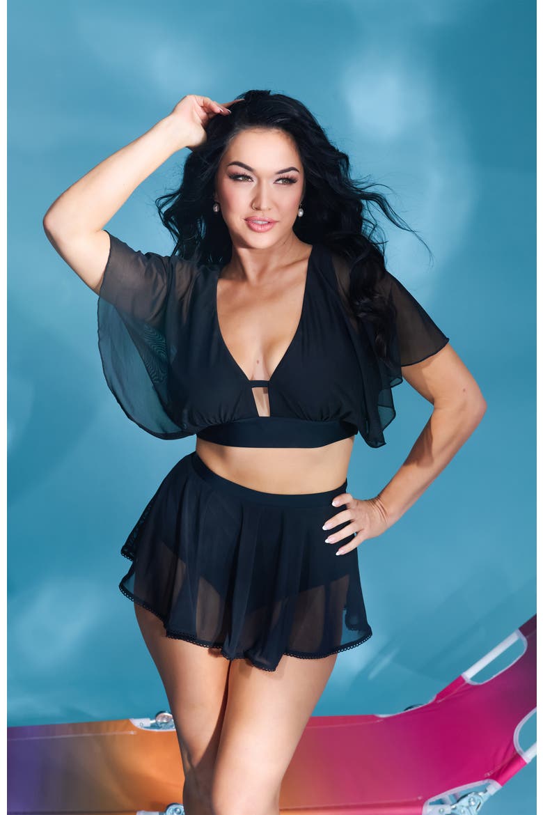 Flutter Sleeve Swim Top, Alternate, color, Solid Black