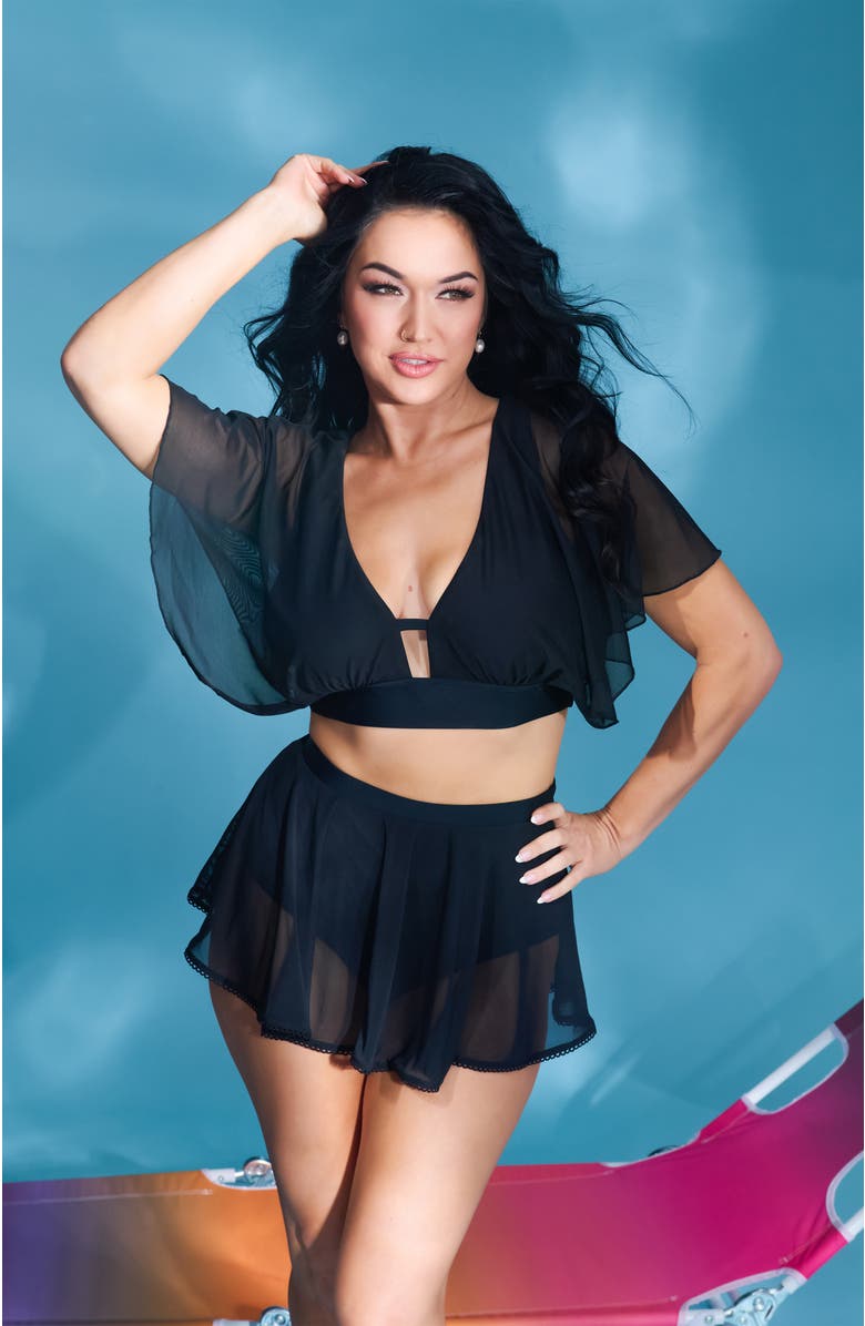 Unique Vintage Flutter Sleeve Swim Top, Alternate, color, Solid Black