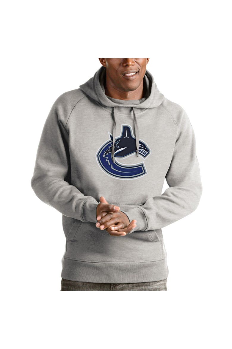 Men's Antigua Heathered Gray Vancouver Canucks Logo Victory Pullover Hoodie, Main, color, Heather Gray