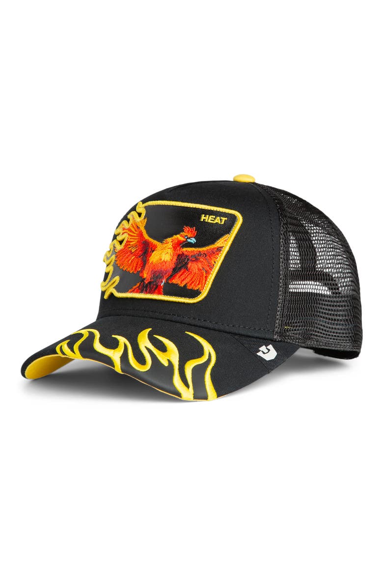 Heat Flames Embroidered Snapback Trucker Hat, Main, color, VOID
