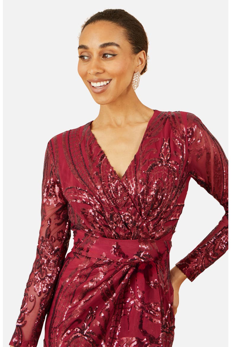 Sequin Midi Long Sleeve Wrap Dress, Alternate, color, Burgundy