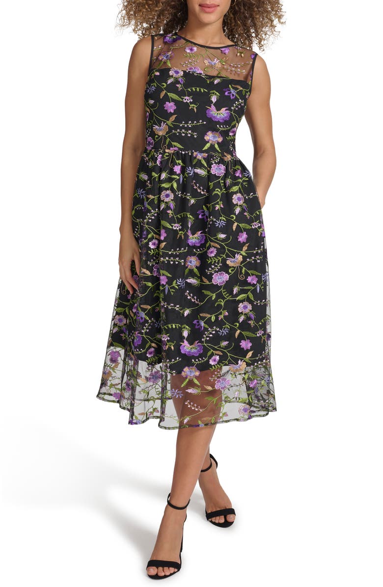 Kensie Embroidered Mesh Cocktail Midi Dress, Main, color,