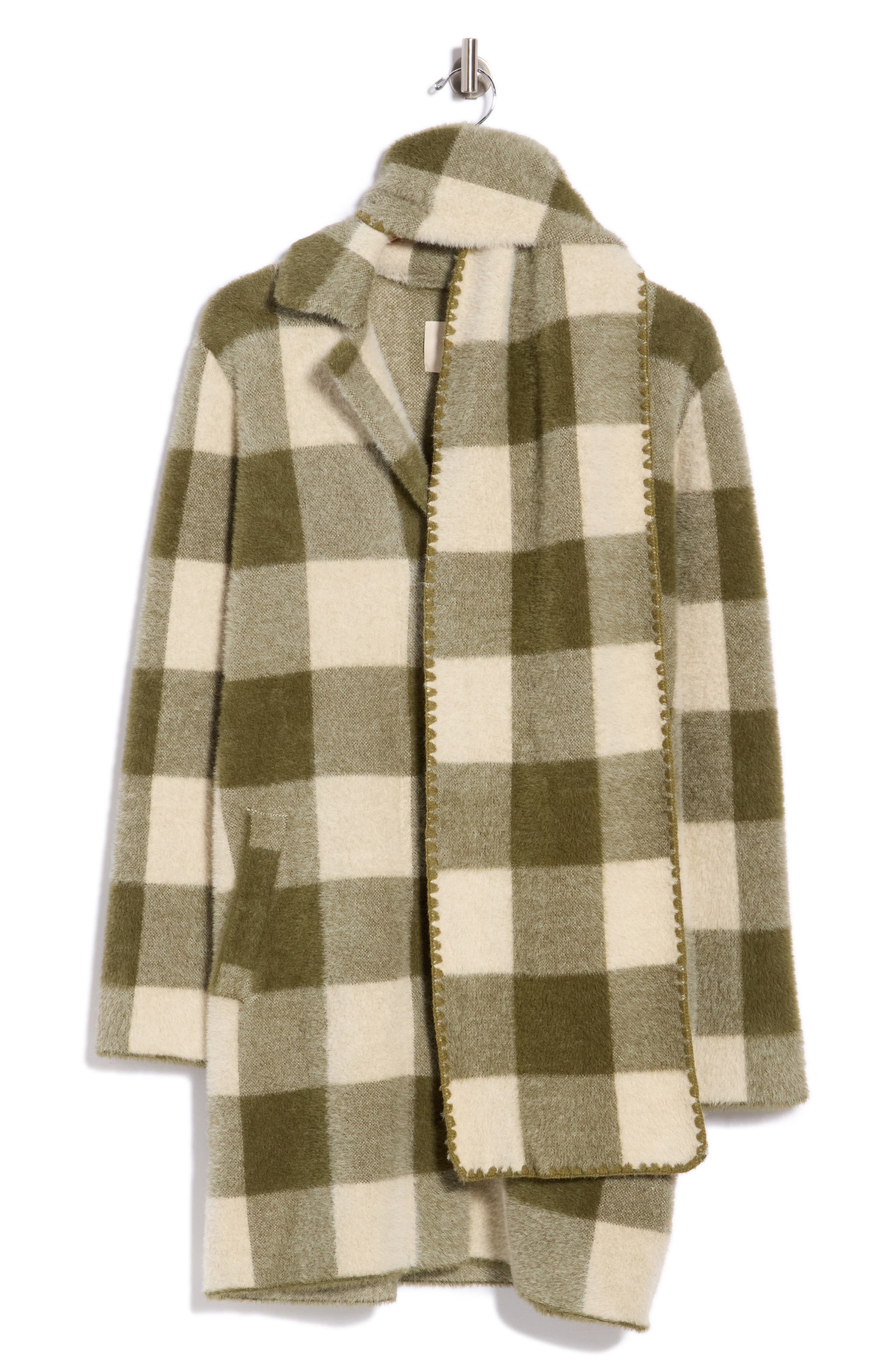 Buffalo Plaid Eyelash Coatigan with Attached Scarf