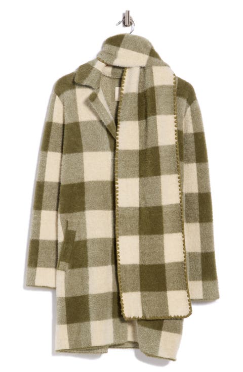 Buffalo Plaid Eyelash Coatigan with Attached Scarf