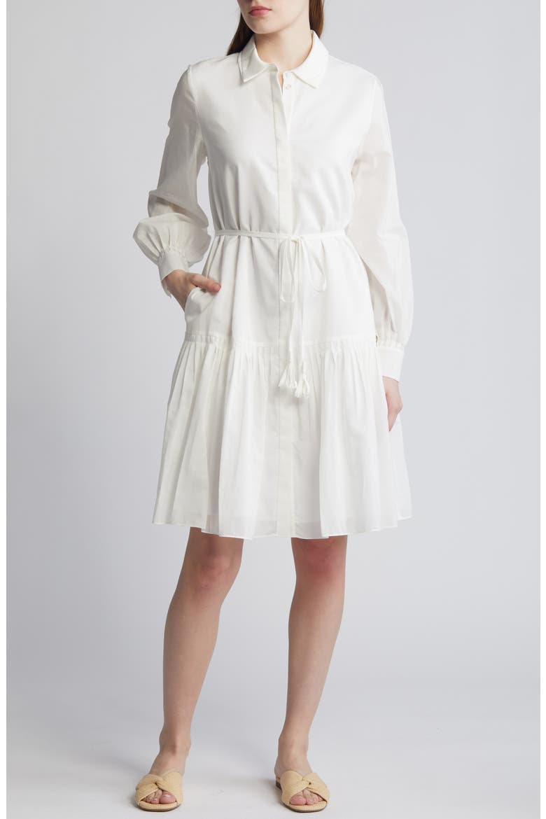 Viola Long Sleeve Cotton & Silk Shirtdress, Main, color, WHITE