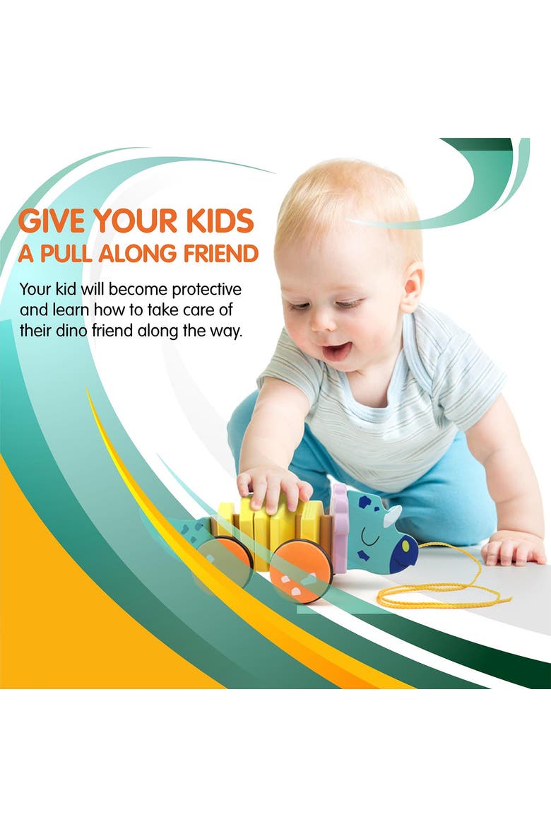 Pull Along Walking Triceratops Wooden Toy - Flexible Dino Walk Along Toy, Pushes and Pulls, Alternate, color, Yellow