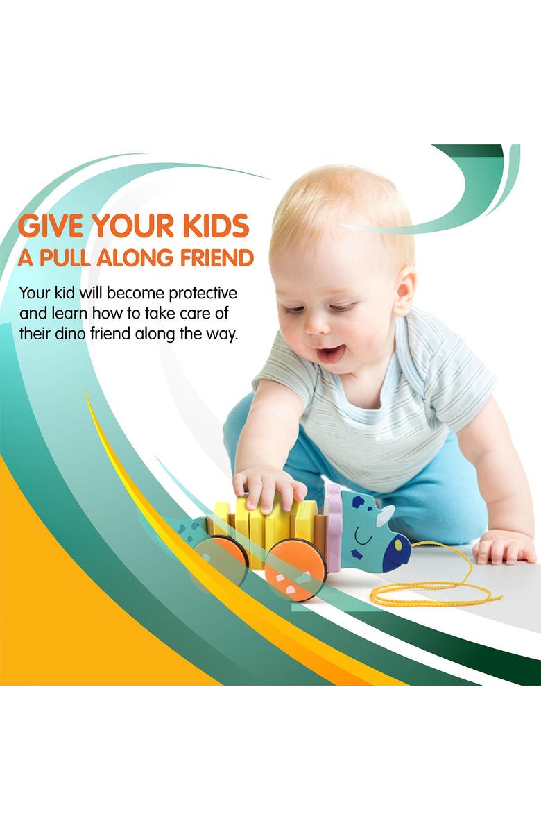 Leo & Friends Pull Along Walking Triceratops Wooden Toy - Flexible Dino Walk Along Toy, Pushes and Pulls, Alternate, color, Yellow