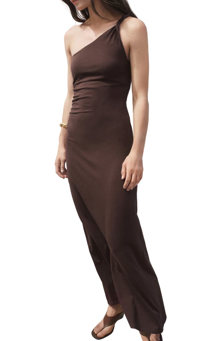 MANGO Ruched One-Shoulder Maxi Dress, Alternate, color, Brown